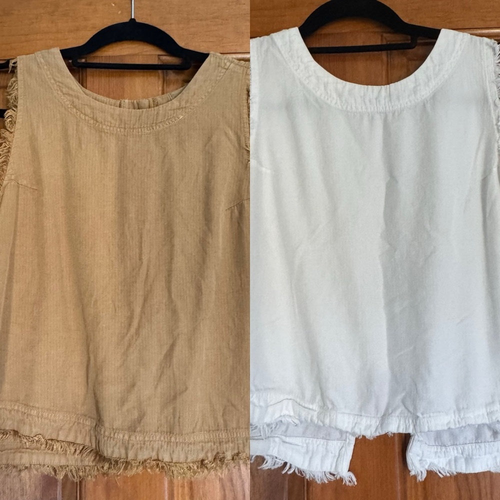 2 for 1! Altar'd State Frayed-Hem Sleeveless Tanks in Tan and White